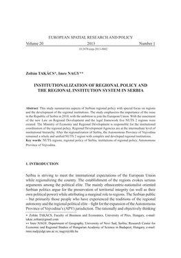 Institutionalization of Regional Policy and the Regional Institution System in Serbia