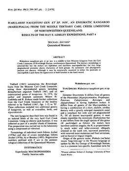 W ABULAROO NAUGHTONI GEN. ET Spo Novo, an ENIGMA TIC KANGAROO (MARSUPIALIA) from the MIDDLE TERTIARY CARL CREEK LIMESTONE OF