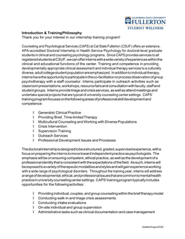 Introduction & Training Philosophy Thank You for Your Interest in Our Internship Training Program! Counseling and Psychologi