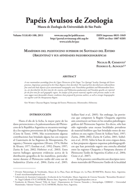 Mamíferos Del Pleistoceno Superior De Santiago Del Estero (Argentina) Y Sus Afinidades Paleobiogeográficas