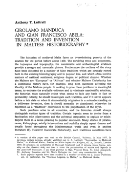 Girolamo Manduca and Gian Francesco Abela: Tradition and Invention in Maltese Historiography *