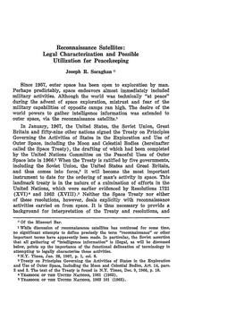 Reconnaissance Satellites: Legal Characterization and Possible Utilization for Peacekeeping Joseph R