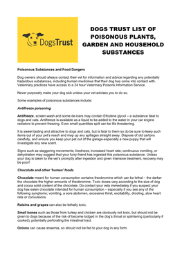 Dogs Trust List of Poisonous Plants, Garden and Household Substances