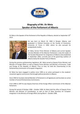 Biography of Mr. Ilir Meta Speaker of the Parliament of Albania