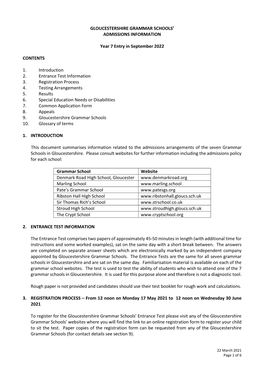 Gloucestershire Admissions Information Booklet 2022 Entry