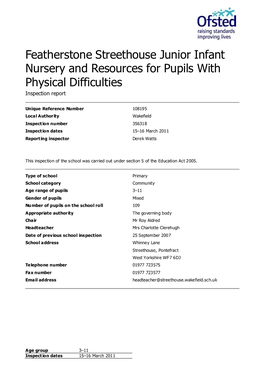 Featherstone Streethouse Junior Infant Nursery and Resources for Pupils with Physical Difficulties Inspection Report