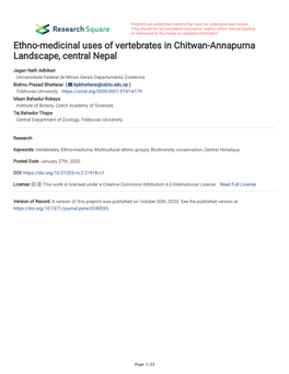Ethno-Medicinal Uses of Vertebrates in Chitwan- Annapurna Landscape
