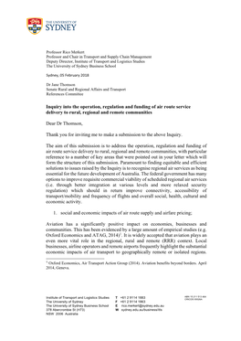 Inquiry Into the Operation, Regulation and Funding of Air Route Service Delivery to Rural, Regional and Remote Communities