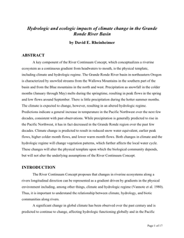 Hydrologic and Ecologic Impacts of Climate Change in the Grande Ronde River Basin by David E