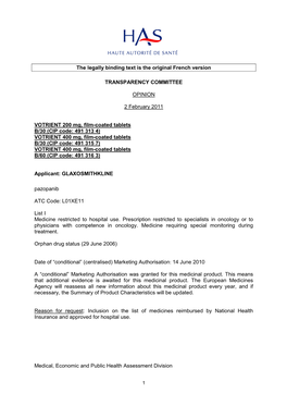 The Legally Binding Text Is the Original French Version TRANSPARENCY COMMITTEE OPINION 2 February 2011 VOTRIENT 200 Mg, Film-Coa