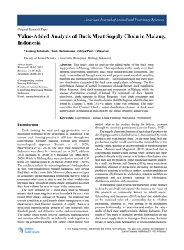 Value-Added Analysis of Duck Meat Supply Chain in Malang, Indonesia