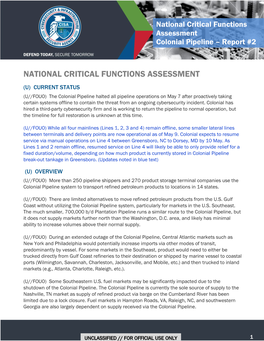 National Critical Functions Assessment – Colonial Pipeline Report #2