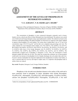 Assessment of the Levels of Phosphate in Detergents Samples