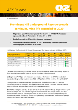 Prominent Hill Underground Reserve Growth Continues, Mine Life Extended to 2029