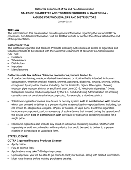 SALES of CIGARETTES and TOBACCO PRODUCTS in CALIFORNIA – a GUIDE for WHOLESALERS and DISTRIBUTORS (January 2018)