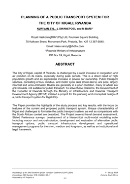 PLANNING of a PUBLIC TRANSPORT SYSTEM for the CITY of KIGALI, RWANDA NJW VAN ZYL , L SWANEPOEL and M BARI *