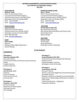 NATIONAL ENVIRONMENTAL JUSTICE ADVISORY COUNCIL List of Members by Stakeholder Category May 2021