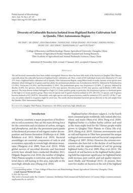 Diversity of Culturable Bacteria Isolated from Highland Barley Cultivation Soil in Qamdo, Tibet Autonomous Region