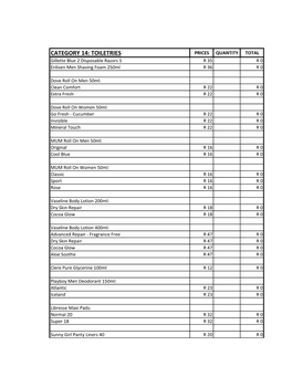CATEGORY 14: TOILETRIES PRICES QUANTITY TOTAL Gillette Blue 2 Disposable Razors 5 R 35 R 0 Enliven Men Shaving Foam 250Ml R 36 R 0
