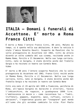 Morto a Roma Franco Citti<!--:-->