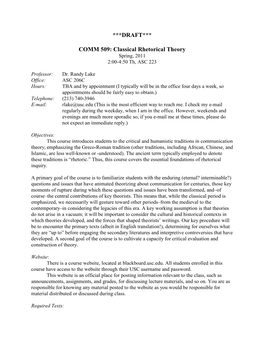 ***DRAFT*** COMM 509: Classical Rhetorical Theory