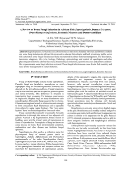 A Review of Some Fungi Infection in African Fish Saprolegniasis, Dermal Mycoses; Branchiomyces Infections, Systemic Mycoses and Dermocystidium