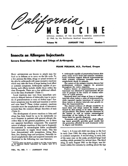 Insects As Allergen Injectants Severe Reactions to Bites and Stings of Arthropods