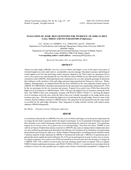 EVALUATION of SOME RICE GENOTYPES for INCIDENCE of AFRICAN RICE GALL MIDGE and ITS PARASITOID (P. Diplosisae )