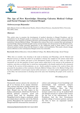 Situating Calcutta Medical College and Social Changes in Colonial Bengal