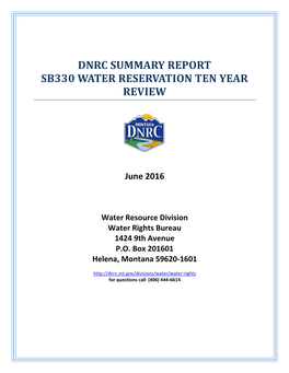 Dnrc Summary Report Sb330 Water Reservation Ten Year Review