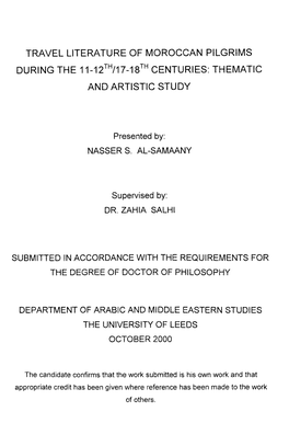 Travel Literature of Moroccan Pilgrims During the 11-12Th/17-18Th Centuries: Thematic and Artistic Study