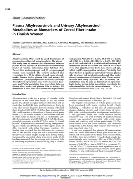 Plasma Alkylresorcinols and Urinary Alkylresorcinol Metabolites As Biomarkers of Cereal Fiber Intake in Finnish Women