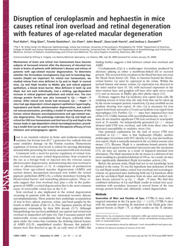 Disruption of Ceruloplasmin and Hephaestin in Mice Causes Retinal Iron Overload and Retinal Degeneration with Features of Age-Related Macular Degeneration