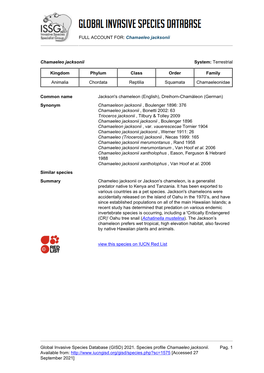 Chamaeleo Jacksonii Global Invasive