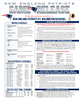 NEW ENGLAND PATRIOTS VS. WASHINGTON REDSKINS MEDIA SCHEDULE GAME SUMMARY NEW ENGLAND PATRIOTS (0-0) Vs