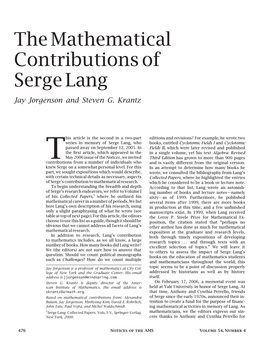 The Mathematical Contributions of Serge Lang, Volume 54, Number 4