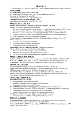 YUNAN LI 2250 Dartmouth St., | College Station, TX 77840 | Andyleelyn@Gmail.Com | (405) 919-6158 EDUCATION Texas A&M University, College Station, TX B.S