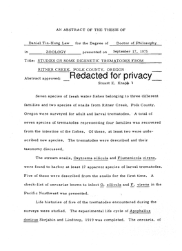 STUDIES on SOME DIGENETIC TREMATODES from RITNER CREEK, POLK COUNTY, OREGON Abstract Approved: Redacted for Privacy Stuart E