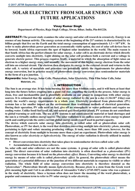 Solar Electrcity from Solar Energy and Future Applications