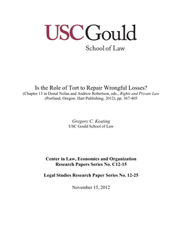 Is the Role of Tort to Repair Wrongful Losses?