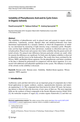 Solubility of Phenylboronic Acid and Its Cyclic Esters in Organic Solvents