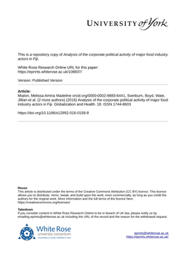 Analysis of the Corporate Political Activity of Major Food Industry Actors in Fiji