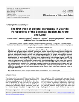 The First Track of Cultural Astronomy in Uganda: Perspectives of the Baganda, Bagisu, Banyoro and Langi