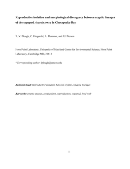 Reproductive Isolation and Morphological Divergence Between Cryptic Lineages of the Copepod Acartia Tonsa in Chesapeake Bay