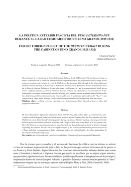 La Política Exterior Fascista Del Peso Determinante Durante El Cargo Como Ministro De Dino Grandi (1929-1932)