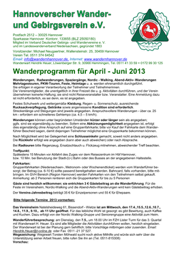 Wanderprogramm Für April - Juni 2013