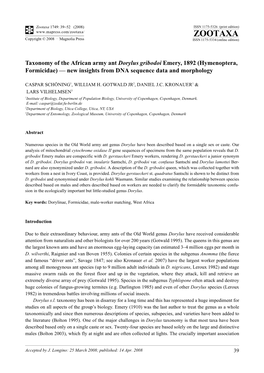 Zootaxa, Taxonomy of the African Army Ant Dorylus Gribodoi Emery