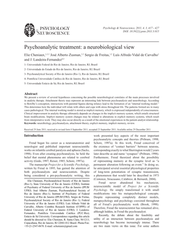 Psychoanalytic Treatment: a Neurobiological View Elie Cheniaux,1,2,3 José Alberto Zusman,1,3 Sergio De Freitas,1,3 Luís Alfredo Vidal De Carvalho1 and J