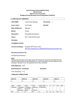 Joint Housing Land Availability Study Site Proforma Sites for 10 Or More Units Bridgend County Borough Council Study Base 01/04/2012