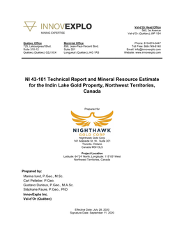 NI 43-101 Technical Report and Mineral Resource Estimate for the Indin Lake Gold Property, Northwest Territories, Canada